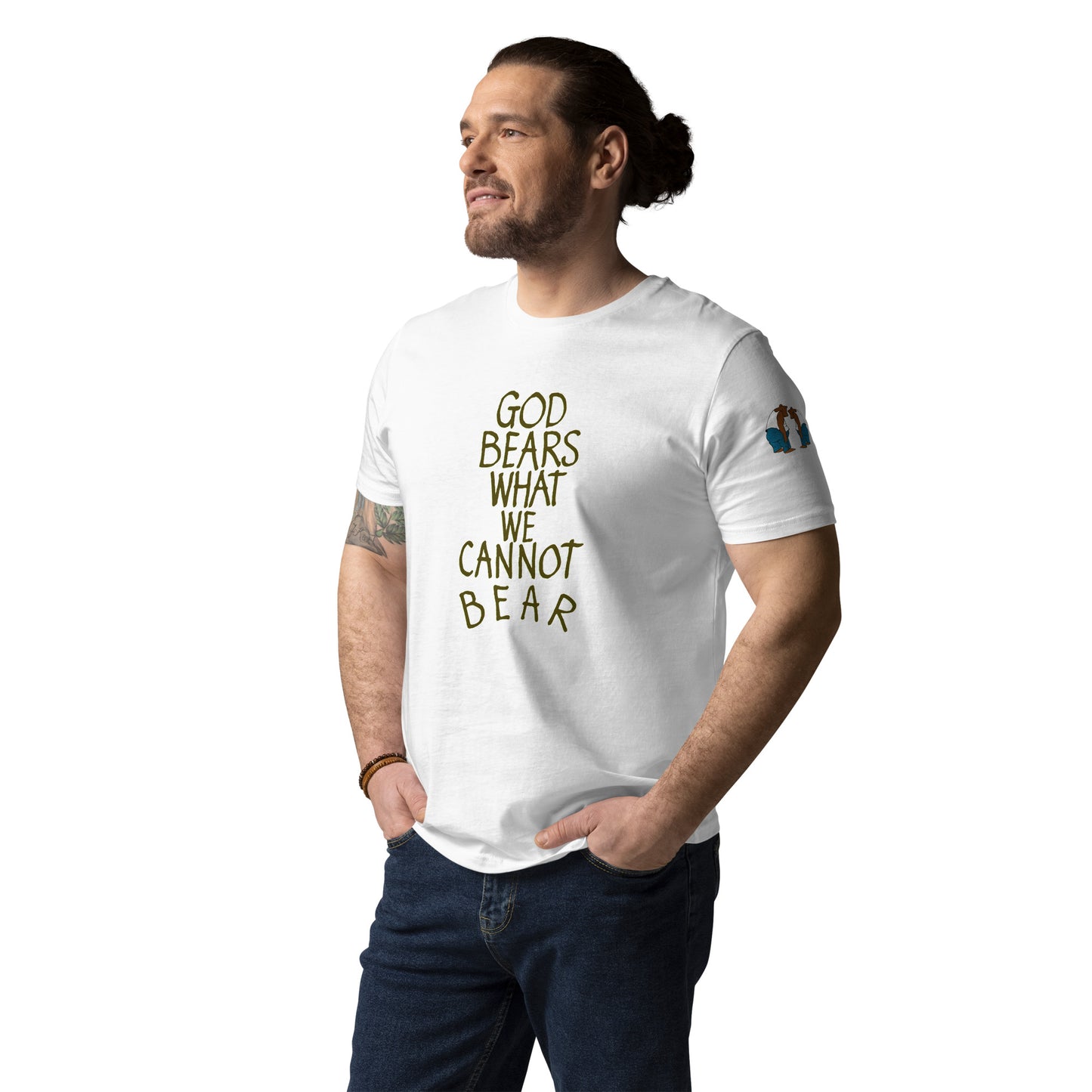 God Bears What We Cannot Bear: Unisex organic cotton t-shirts in light colors