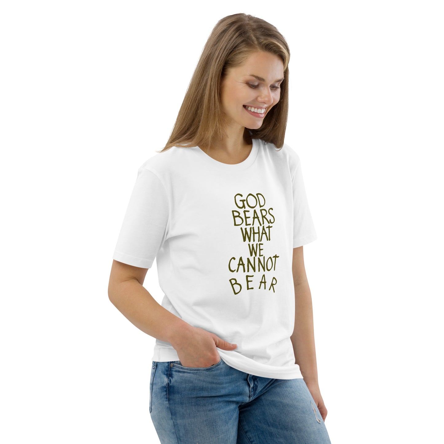 God Bears What We Cannot Bear: Unisex organic cotton t-shirts in light colors