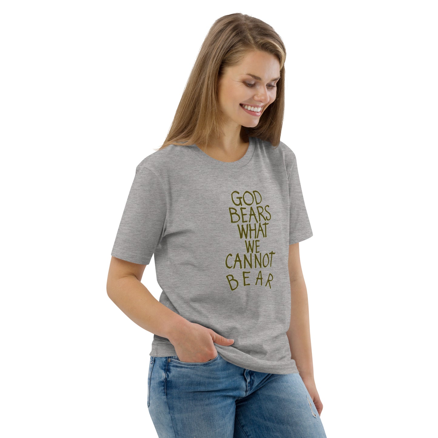 God Bears What We Cannot Bear: Unisex organic cotton t-shirts in light colors